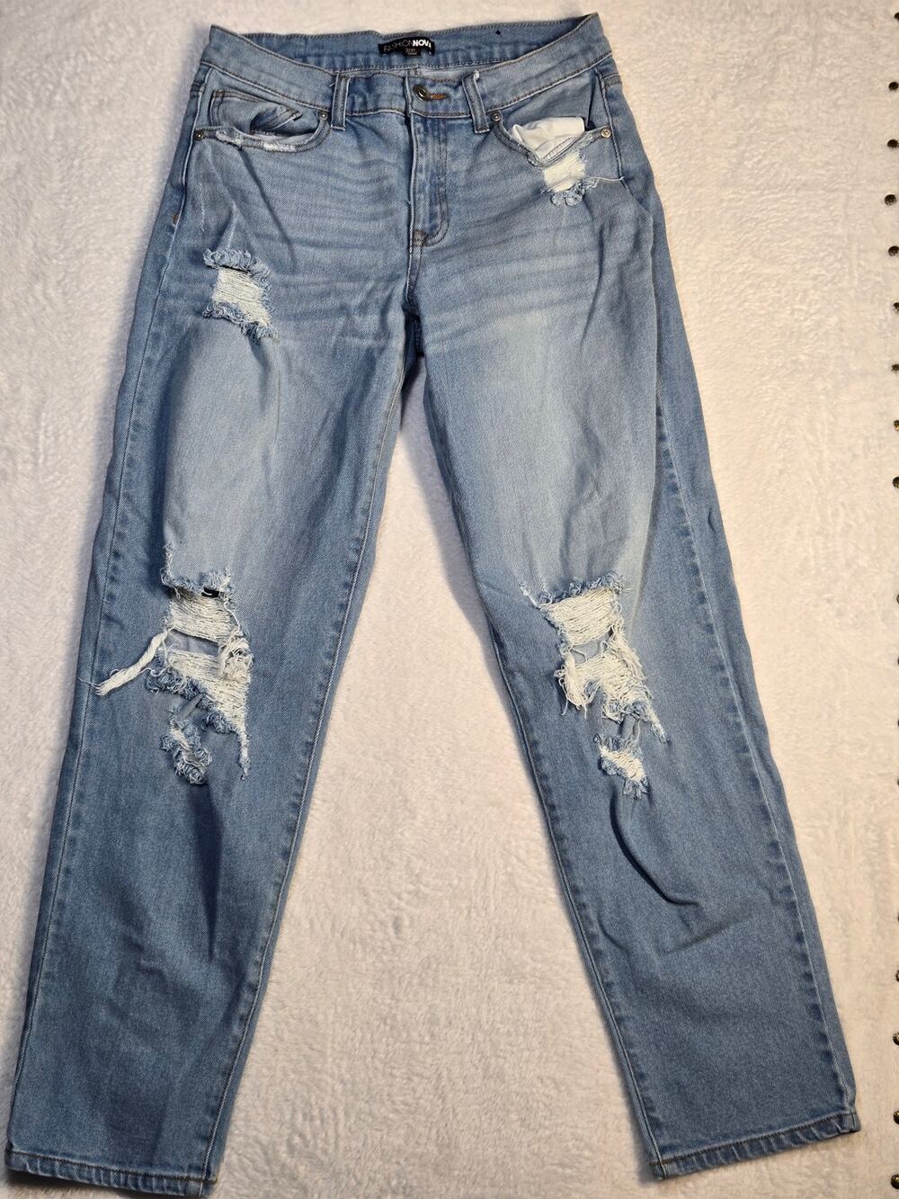 Fashion Nova Straight Leg Boyfriend Jeans Womens 5 27 Distressed Medium Wash